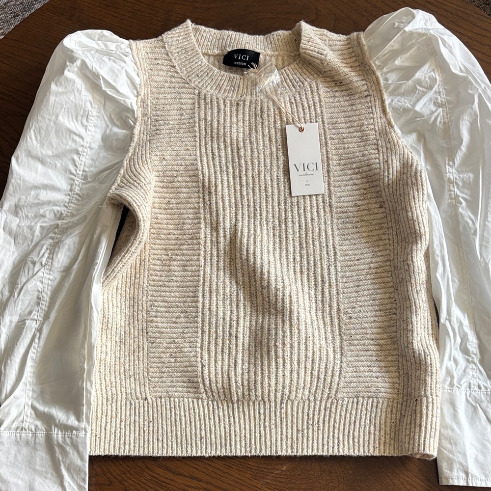 Vici Beige Knit Sweater with White Puff Sleeves